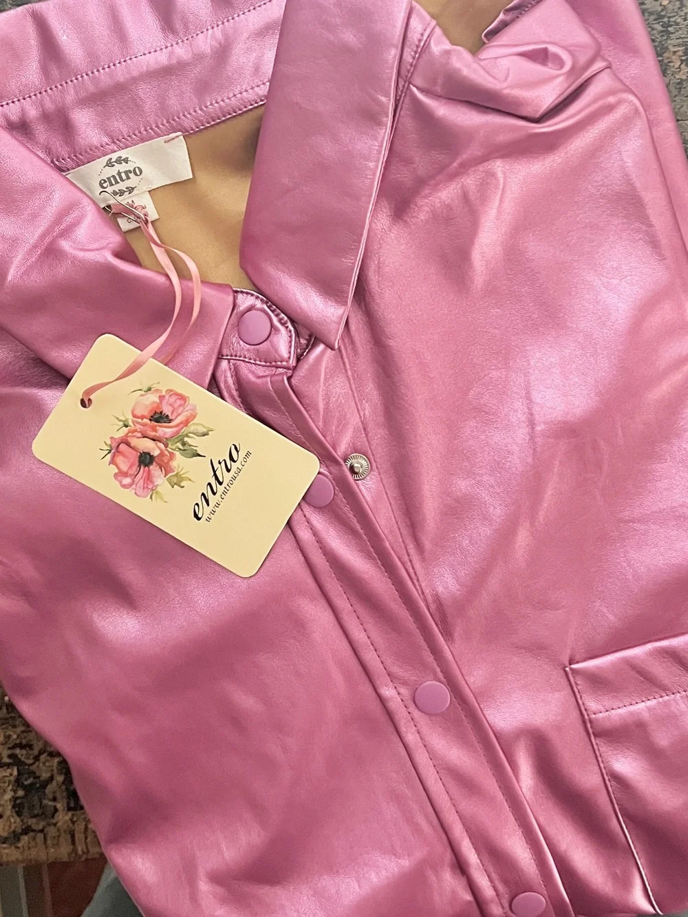 🟠NWT ENTRO Metallic Snap Button Down Shacket in Pink - Picture 12 of 12